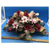 Pink & Burgundy Silk Flower Arrangement in Brass