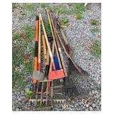Assorted Yard Tools Rakes, Pitchforks, Etc.
