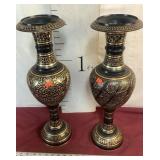 Pair of Gorgeous Metal Vases with Inlaid Brass