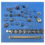 Large Lot Of Costume Jewelry-Rings & 2 Bracelets