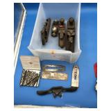 Bin of Planes & Parts & Draw Knife & Drill Bits