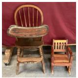 Child Cedar Rocker and Oak High Chair