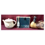 3 Nautical Items: Resin Duck, Sea Sign & Teapot w/