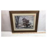 Winter Scene Watermill Print with Rustic Frame