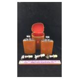Flask Set in Cowhide Case & Decorative Stoppers