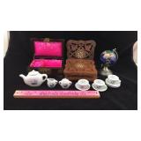 Jewelry Box, Wood Trivets, Globe, Mini Tea Set