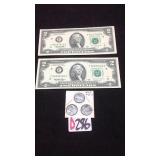 3-1943 PDS steel Lincoln and 2-1995 $2 bills