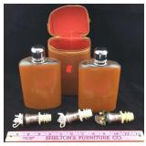 Flask Set in Cowhide Case & Decorative Stoppers