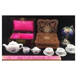 Jewelry Box, Wood Trivets, Globe, Mini Tea Set