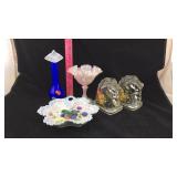 Fenton Candy Dish, Blue Vase, Hand Painted Dish