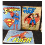 Three Large Metal Comic Book Hero Signs