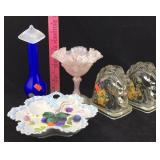 Fenton Candy Dish, Blue Vase, Hand Painted Dish