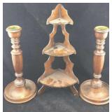 Large Wood Candlesticks & Corner Knick-Knack Shelf