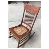 Old Ornate Wood Rocking Chair with Cane Seat