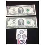 3-1943 PDS steel Lincoln and 2-1995 $2 bills