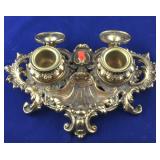 Large Ornate Double Brass Inkwell With Inserts