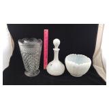 Milk Glass Decanter & Bowl plus Pressed Glass Vase
