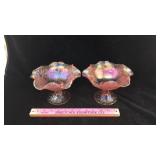 Pink Carnival Glass Footed Dishes - Pair