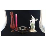 Orange Art Glass Vase, Clown Figure, Cheetah Bowl