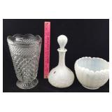 Milk Glass Decanter & Bowl plus Pressed Glass Vase