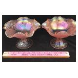 Pink Carnival Glass Footed Dishes - Pair