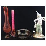 Orange Art Glass Vase, Clown Figure, Cheetah Bowl