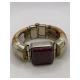 CARVED BONE & RUBY HINGED BANGLE BRACELET