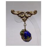VINTAGE BROOCH W/ CLOISONNE RHINESTONE FROG CHARM