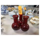 3PC RUBY RED GLASS BUD VASES VINTAGE