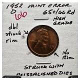 1952-D WHEAT PENNY CENT MISALIGNED DIES