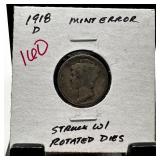 1918-D MERCURY SILVER DIME ROTATED DIES