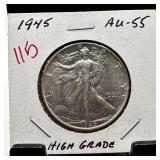 1945 WALKING LIBERTY SILVER HALF DOLLAR HI GRADE