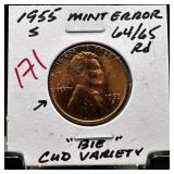 1955-S WHEAT PENNY CENT BIE CUD VARIETY