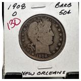 1908-O BARBER SILVER HALF DOLLAR
