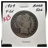 1909 BARBER SILVER HALF DOLLAR
