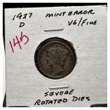1927-D MERCURY SILVER DIME ROTATED DIES