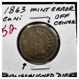 1863 INDIAN HEAD PENNY CENT ERROR MISALIGNED DIE