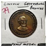 VINTAGE LINCOLN GETTYSBURG BRONZE PEACE MEDAL