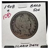 1908-S BARBER SILVER HALF DOLLAR SCARCE DATE