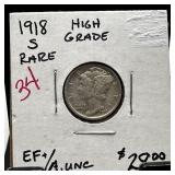 1918-S MERCURY SILVER DIME BETTER DATE