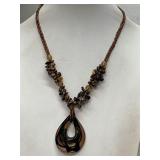 ART GLASS PENDANT W/ TIGERS EYE STONE NECKLACE