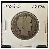 1905-S BARBER SILVER HALF DOLLAR