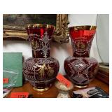2PC LARGE GOLD RIM RUBY GLASS VASES