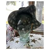 VINTAGE GLASS HEAD FORM W HAND MADE HAT
