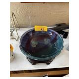 HAND MADE POTTERY BOWL W STAND / SIGNED