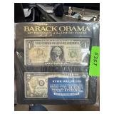 2PC $1 & $2 GOLD EMBOSSED OBAMA CURRENCY NOTES