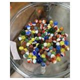 GLASS BOWL OF VINTAGE MARBLES