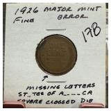 1926 WHEAT PENNY CENT MISSING LETTERS
