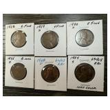 LOT OF 6 BETTER WHEAT PENNIES CENTS
