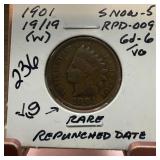 1901 19/19 INDIAN HEAD PENNY CENT REPUNCHED DATE